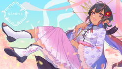 Rule 34 | 1girl, black hair, chinese clothes, commentary, dark-skinned female, dark skin, english commentary, hair behind ear, highres, jacket, long hair, mixed-language commentary, nail polish, open mouth, original, petals, pink nails, pointy ears, purple eyes, purple jacket, purple skirt, sakuhana87, sample watermark, skirt, sky, smile, solo, toeless footwear, toenail polish, toenails, toes, tree, watermark, white footwear