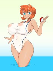 Rule 34 | 1girl, absurdres, aqua eyes, armpits, arms up, breasts, cleft of venus, covered navel, cowboy shot, creatures (company), curvy, gaixas1, game freak, highres, holding, holding poke ball, huge breasts, large breasts, legs, misty (pokemon), muscular, navel, nintendo, nipples, one-piece swimsuit, open mouth, orange hair, poke ball, pokemon, pokemon hgss, puffy nipples, pussy, see-through, short hair, simple background, smile, solo, standing, swimsuit, tan, thick thighs, thighs, water, wide hips