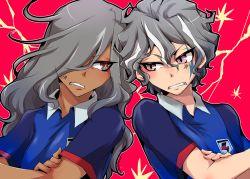Rule 34 | 2boys, androgynous, anger vein, angry, awom, crossed arms, grey hair, hair over one eye, haizaki ryouhei, inazuma eleven (series), inazuma eleven ares no tenbin, kira hiroto, long hair, looking at another, male focus, multiple boys, purple eyes, red eyes, soccer uniform, sportswear