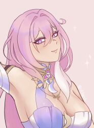 1girl armpits bare_shoulders breasts cleavage elysia_(herrscher_of_human:_ego)_(honkai_impact) elysia_(honkai_impact) hair_intakes honkai_(series) honkai_impact_3rd jewelry large_breasts long_hair looking_at_viewer necklace pink_background pink_hair purple_eyes simple_background smile solo upper_body very_long_hair vlilacc