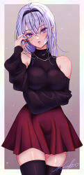 Rule 34 | 1girl, :o, arm under breasts, black hairband, black sweater, black thighhighs, blue hair, blush, commentary request, hairband, head tilt, highres, idolmaster, idolmaster shiny colors, koya (koya x 00), looking at viewer, red skirt, ribbed sweater, shoulder blades, signature, skirt, solo, suzuki hana, sweater, thighhighs, zettai ryouiki