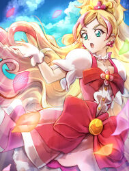 Rule 34 | 1girl, blonde hair, blue eyes, blue sky, bow, clear glass (mildmild1311), cloud, cloudy sky, cowboy shot, cure flora, earrings, flower, flower brooch, flower earrings, flower necklace, gloves, go! princess precure, haruno haruka, highres, jewelry, long hair, magical girl, multicolored hair, necklace, open mouth, outdoors, petals, pink bow, pink hair, pink skirt, precure, skirt, sky, smile, solo, streaked hair, two-tone hair, waist bow, waist brooch, white gloves
