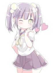 Rule 34 | 1girl, blush, closed mouth, commentary request, cowboy shot, hair bobbles, hair ornament, hamada pengin, heart, highres, long hair, neckerchief, one eye closed, original, pleated skirt, puffy short sleeves, puffy sleeves, purple hair, purple sailor collar, purple skirt, sailor collar, school uniform, serafuku, shirt, short sleeves, sidelocks, simple background, skirt, solo, twintails, white background, white shirt, yellow eyes, yellow neckerchief