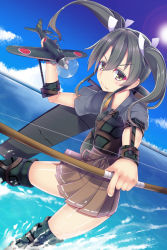 Rule 34 | &gt;:), 10s, 1girl, a6m zero, aircraft, airplane, bad id, bad pixiv id, blue sky, boots, bow (weapon), brown skirt, camouflage, day, grey hair, hakama, hakama short skirt, hakama skirt, highres, japanese clothes, kantai collection, looking at viewer, muneate, ocean, okuri banto, pleated skirt, skirt, sky, solo, sun, thigh boots, thighhighs, twintails, v-shaped eyebrows, weapon, zuikaku (kancolle)
