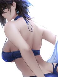 Rule 34 | 1girl, ark royal (azur lane), ark royal (coast watcher) (azur lane), azur lane, bare arms, bare shoulders, bikini, blue bikini, blue eyes, blue hair, breasts, butt crack, closed mouth, commentary, earrings, english commentary, from behind, highres, jewelry, large breasts, liaowen, medium hair, official alternate costume, short hair, simple background, smile, solo, swimsuit, white background