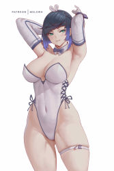 Rule 34 | 1girl, absurdres, alternate costume, armpits, arms up, artist name, black hair, blue bow, blue bowtie, blue hair, bob cut, bow, bowtie, breasts, covered navel, detached collar, diagonal bangs, elbow gloves, genshin impact, gloves, gluteal fold, gradient hair, green eyes, grin, highleg, highleg leotard, highres, large breasts, leotard, melowh, multicolored hair, patreon username, playboy bunny, short hair, smile, solo, thigh strap, thighs, two-tone hair, white gloves, white leotard, wide hips, wrist cuffs, yelan (genshin impact)