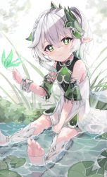 Rule 34 | 1girl, absurdres, bare shoulders, blush, braid, closed mouth, dress, elf, full body, genshin impact, grass, green eyes, highres, lily pad, nahida (genshin impact), partially submerged, pointy ears, ro/ku, side ponytail, smile, soles, solo, symbol-shaped pupils, toeless footwear, water, white dress, white hair