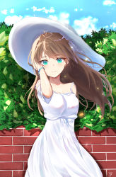 Rule 34 | 1girl, absurdres, arm up, bad id, bad pixiv id, bare shoulders, blue eyes, blue ribbon, blue sky, blush, bracelet, brick wall, brown hair, closed mouth, cloud, collarbone, commentary request, day, dress, hat, head tilt, highres, jewelry, kuki panda (wkdwnsgk13), long hair, off-shoulder dress, off shoulder, original, outdoors, rei no himo, ribbon, short sleeves, signature, sky, smile, solo, summer, sun hat, sundress, tucking hair, very long hair, white background, white dress, white hat