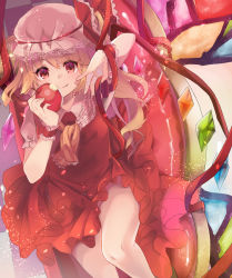 Rule 34 | 1girl, adapted costume, apple, ascot, blonde hair, blush, brooch, checkered floor, couch, cowboy shot, diamond (gemstone), dress, fang, fang out, flandre scarlet, food, from above, fruit, hat, hat ribbon, haya taro pochi, highres, holding, holding food, holding fruit, jewelry, knee up, lace-trimmed hat, lace-trimmed neckwear, lace trim, light particles, looking at viewer, mob cap, on couch, purple eyes, red dress, red eyes, red ribbon, red theme, ribbon, short hair, short sleeves, side ponytail, sidelocks, sitting, slit pupils, smile, solo, stained glass, thighs, touhou, white hat, wings, wrist cuffs