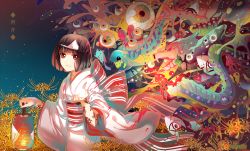 Rule 34 | 10s, 1girl, artist name, bad id, bad pixiv id, black hair, body writing, bow, breasts, bridal gauntlets, copyright name, cowboy shot, dated, eel, eyeball, flower, frog, from side, holding, instockeee, instocklee, japanese clothes, jellyfish, kimono, lantern, light smile, long sleeves, looking at viewer, night, night sky, nora (noragami), noragami, obi, outdoors, red eyes, revision, sash, short hair, sky, small breasts, smile, solo, spider lily, striped, triangular headpiece, yellow flower, yellow spider lily