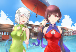 Rule 34 | 2girls, ^ ^, absurdres, bad id, bad pixiv id, bare shoulders, blue sky, breasts, brown hair, china dress, chinese clothes, chongqing (warship girls r), cleavage cutout, closed eyes, clothing cutout, cloud, day, dress, flower, highres, medium breasts, mole, mole under eye, multiple girls, oil-paper umbrella, outdoors, qiancong, red eyes, reflection, rose, sarashi, short hair, side slit, silver hair, sky, umbrella, warship girls r, water, white flower, white rose, yat sen (warship girls r)