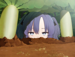 Rule 34 | 1girl, absurdres, bananafish1111, blue archive, day, dirt, facing viewer, hair ornament, halo, highres, long hair, looking at viewer, outdoors, partially buried, purple eyes, purple hair, radish, solo, twintails, upper body, yuuka (blue archive)