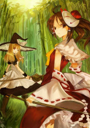 Rule 34 | 2girls, :d, ahoge, alternate hairstyle, apron, ascot, bad id, bad pixiv id, bamboo, bamboo forest, blonde hair, boots, bow, broom, brown hair, detached sleeves, dress, female focus, forest, grass, hair bow, hair ornament, hair tubes, hakurei reimu, hat, japanese clothes, kirisame marisa, kol49, mask, miko, multiple girls, nature, open mouth, plant, ponytail, red eyes, smile, touhou, witch, witch hat, yellow eyes