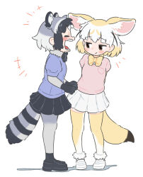 Rule 34 | +++, 2girls, :d, animal ear fluff, animal ears, appleq, arms behind back, black footwear, black gloves, black hair, black skirt, blonde hair, blue shirt, blush, brown eyes, closed eyes, closed mouth, commentary request, common raccoon (kemono friends), fennec (kemono friends), fox ears, fox girl, fox tail, gloves, grey hair, grey pantyhose, highres, kemono friends, loafers, multicolored hair, multiple girls, open mouth, pantyhose, pink sweater, pleated skirt, profile, puffy short sleeves, puffy sleeves, raccoon ears, raccoon girl, raccoon tail, shadow, shirt, shoes, short-sleeved sweater, short sleeves, simple background, skirt, smile, standing, striped tail, sweater, tail, thighhighs, two-tone hair, two-tone legwear, white background, white footwear, white hair, white shirt, white skirt, white thighhighs, yellow thighhighs