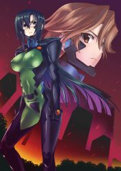 Rule 34 | 2girls, bag, blue eyes, brown eyes, brown hair, commentary, cover, cover page, covered erect nipples, covered navel, embers, english commentary, fortified suit, frown, hair behind ear, isumi michiru, komaki sayoko, looking to the side, makishima azusa, manga cover, multiple girls, muv-luv, muv-luv alternative, official art, pilot suit, projected inset, silhouette, textless version, v-shaped eyebrows