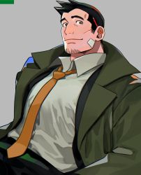 Rule 34 | 1boy, ace attorney, bad id, bad twitter id, bandaid, bandaid on face, black hair, coat, collared shirt, dick gumshoe, facial hair, green coat, highres, looking at viewer, male focus, necktie, object behind ear, open clothes, open coat, paguraisu, pectorals, shirt, short hair, smile, solo, spiked hair, stubble, upper body
