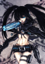 Rule 34 | 10s, 1girl, aiming, belt, belt skirt, black hair, black rock shooter, black rock shooter (character), blue eyes, blue nails, bullet, close quarters combat, coat, english text, engrish text, fingerless gloves, front-tie top, gloves, gun, hair over one eye, handgun, highres, holster, hood, hooded jacket, jacket, knife, long hair, midriff, mp18mp38, nail polish, navel, open mouth, panzer (p.z), ranguage, revolver, scar, shorts, skull, solo, star (symbol), stitches, twintails, uneven twintails, weapon