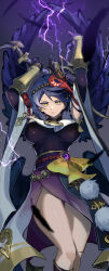 Rule 34 | 1girl, absurdres, arms up, bird mask, black bodysuit, black wings, blue hair, bodysuit, bow (weapon), breasts, detached sleeves, electricity, feathered wings, genshin impact, highres, holding, holding bow (weapon), holding weapon, kujou sara, large breasts, looking at viewer, mask, mask on head, namae (areees), obi, pom pom (clothes), sash, short hair, solo, tassel, vision (genshin impact), weapon, wide sleeves, wings, yellow eyes