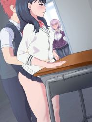 Rule 34 | 10s, 1boy, 2girls, aethos, animated, animated gif, black hair, black legwear, black pants, black skirt, blush, bow, bowtie, breasts, cardigan, classroom, clothed sex, collared shirt, couple, desk, doggystyle, dry humping, from side, gridman universe, half-closed eyes, hand in pocket, hand on another&#039;s hip, hand on own hip, hand on table, hetero, hibiki yuuta, humping, hybrid animation, indoors, interior, jacket, jitome, large breasts, light purple hair, long hair, long sleeves, looping animation, medium breasts, miniskirt, multiple girls, necktie, off shoulder, open clothes, open jacket, pants, pantyhose, pink bow, pink neckwear, pleated skirt, profile, purple jacket, red bow, red hair, red neckwear, school desk, school uniform, sex, sex from behind, shinjou akane, shirt, short hair, short sleeves, skirt, skirt around belly, sleeves past wrists, sleeves rolled up, ssss.gridman, standing, standing sex, sweater, table, takarada rikka, thick thighs, thighs, ugoira, vest, walk-in, white cardigan, white shirt, white sweater, wing collar