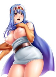 Rule 34 | 1girl, arm grab, blue hair, blush, breasts, breasts out, cape, dragon quest, dragon quest iii, dress, elbow gloves, gloves, highres, large breasts, legs, long hair, looking down, nipples, no name ninja, open mouth, panties, red eyes, sage (dq3), simple background, solo focus, standing, strapless, thighs, tiara, underwear