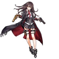 Rule 34 | 1girl, artist request, black footwear, black hair, boots, brown eyes, coat, cz 75, dual wielding, full body, garter straps, girls&#039; frontline, gun, handgun, holding, holding weapon, holster, long hair, looking at viewer, necktie, nz75 (girls&#039; frontline), official art, open mouth, pistol, skirt, solo, thigh holster, thigh strap, transparent background, trench coat, trigger discipline, two-sided coat, two-sided fabric, weapon