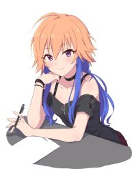 Rule 34 | 1girl, 2 nostg, ahoge, black shirt, blue hair, breasts, choker, cleavage, collarbone, desk, dot nose, hand on own cheek, hand on own face, holding, holding pen, idolmaster, idolmaster cinderella girls, jewelry, light blush, light brown hair, long hair, looking at viewer, multicolored hair, ninomiya asuka, over shoulder, paper, pen, purple eyes, ring, shirt, short sleeves, small breasts, smile, solo, two-tone hair, white background, wristband, zipper