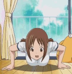 Rule 34 | 00s, 10s, 1girl, all fours, animated, animated png, bouncing breasts, breast press, breasts, brown eyes, brown hair, hanging breasts, hinako (issho ni training), indoors, issho ni training, large breasts, lowres, no bra, solo