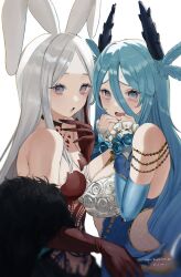 Rule 34 | 2girls, :o, animal ears, bare shoulders, black choker, blue flower, blue hair, blue rose, blush, breasts, choker, chromatic aberration, clenched hands, clothing cutout, commentary request, commission, elbow gloves, embarrassed, expressionless, eyes visible through hair, fake animal ears, finger to face, fingernails, flower, fur (clothing), gloves, gold, grey eyes, grey hair, hair between eyes, hands up, horns, jewelry, jpeg artifacts, large breasts, long bangs, long hair, looking at viewer, medium breasts, multiple girls, open mouth, original, parted bangs, purple horns, rabbit ears, red gloves, rose, scared, sharp fingernails, simple background, skeb commission, sweatdrop, tearing up, upper body, very long fingernails, wavy mouth, white background, white flower, white rose, youichi (45 01)