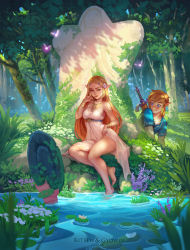 Rule 34 | 1boy, 1girl, absurdres, armlet, artist name, bare legs, bare shoulders, barefoot, blonde hair, blue eyes, blush, bracelet, braid, breasts, cleavage, closed mouth, clothes lift, collaboration, crown braid, day, dress, dress lift, elf, fairy, flower, forest, full body, glowing, grass, gydwin, hair flower, hair ornament, hairclip, half-closed eyes, hand up, highres, jewelry, kittew, lifted by self, lily pad, link, lips, lipstick, long hair, looking at another, makeup, master sword, medium breasts, nature, necklace, nintendo, no panties, outdoors, plant, pointy ears, pond, presenting, princess zelda, smile, soaking feet, sparkling eyes, statue, straight hair, strapless, strapless dress, sword, the legend of zelda, the legend of zelda: breath of the wild, tree, water, weapon, weapon on back, white dress