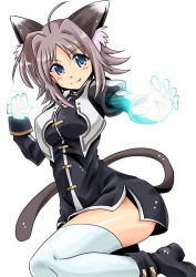 Rule 34 | 1girl, animal ears, blue eyes, blush, boots, brown hair, cat ears, cat tail, fang, glowing, glowing hand, grin, liese lotte, lyrical nanoha, mahou shoujo lyrical nanoha, mahou shoujo lyrical nanoha a&#039;s, san-pon, short hair, simple background, smile, solo, tail, thighhighs, white background, white thighhighs