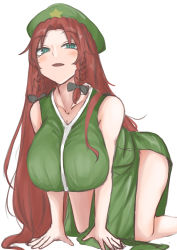 Rule 34 | 1girl, absurdres, all fours, aqua eyes, bare shoulders, braid, breasts, cleavage, collarbone, dress, foot out of frame, green dress, hair ribbon, hat, hat ornament, highres, hong meiling, huge breasts, kuraki, long hair, looking at viewer, red hair, ribbon, side slit, simple background, sleeveless, sleeveless dress, solo, star (symbol), star hat ornament, touhou, tress ribbon, twin braids, white background