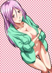 Rule 34 | 1girl, breasts, hood, hoodie, kuroko no basuke, large breasts, looking at viewer, momoi satsuki, naked hoodie, navel, nipples, pink hair, ruha (nowkigyou), smile