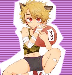 Rule 34 | 1boy, animal ears, bandages, black choker, blonde hair, bulge, camouflage, camouflage shirt, cat ears, choker, earrings, ematsuko, fangs, highres, indie virtual youtuber, jewelry, kainen, male focus, midriff, mole, navel, pumpkin, red eyes, red footwear, shirt, solo, stomach, toned, toned male, trap, virtual youtuber