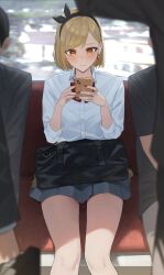 Rule 34 | 1girl, absurdres, black bag, black hairband, blonde hair, blue skirt, blurry, blurry foreground, blush, bow, bowtie, cellphone, closed mouth, collared shirt, commentary request, depth of field, dress shirt, earrings, hairband, hara kenshi, highres, holding, holding phone, in-ear earphones, jewelry, looking at phone, monochrome, nail polish, original, phone, pleated skirt, red bow, red bowtie, red nails, shirt, short hair, sitting, skirt, sleeves rolled up, smartphone, solo focus, train interior, yellow eyes
