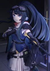 Rule 34 | 1girl, absurdres, arknights, astgenne (arknights), black cape, black gloves, black wings, blue eyes, blue hair, blue vest, braid, cape, clenched teeth, commentary request, feathered wings, gloves, goggles, goggles on head, high ponytail, highres, holding, long hair, looking at viewer, low wings, pleated skirt, ponytail, shirt, skirt, solo, soulblitz, teeth, very long hair, vest, white shirt, white skirt, wings
