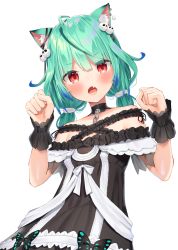 Rule 34 | 1girl, animal ear fluff, animal ears, bare shoulders, black dress, black ribbon, blue hair, blush, bow, bug, butterfly, cat ears, cat girl, collarbone, colored tips, dress, ear piercing, ear ribbon, fang, green hair, hair between eyes, hands up, highres, hololive, insect, k mugura, long hair, looking at viewer, low twintails, multicolored hair, off-shoulder dress, off shoulder, open mouth, piercing, red eyes, ribbon, simple background, solo, twintails, two-tone hair, uruha rushia, uruha rushia (3rd costume), virtual youtuber, white background, wrist cuffs