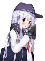 Rule 34 | 10s, 1girl, :o, anchor symbol, animal print, bag, black gloves, blouse, blue eyes, blush, boruhis, breasts, breath, cat print, cold, eyelashes, flat cap, gloves, hat, hibiki (kancolle), highres, kantai collection, long hair, long sleeves, looking at viewer, neckerchief, own hands together, red neckerchief, scarf, school bag, school uniform, serafuku, shirt, shoulder bag, simple background, small breasts, solo, upper body, white background, white hair, white shirt