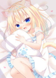 Rule 34 | 1girl, animal ear fluff, animal ears, blonde hair, blue eyes, camisole, cat ears, cat girl, child, commission, frilled camisole, frills, hugging object, looking at viewer, lying, medium hair, on side, open mouth, original, pillow, pillow hug, pixiv commission, strap slip, umi suzume, white camisole