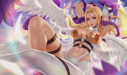 Rule 34 | 1girl, angel, angewomon, backlighting, belt, digimon, digimon (creature), feathers, highres, mask, unworn mask, o-ring, o-ring belt, parted bangs, thigh strap, thighs, wings