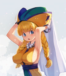 Rule 34 | 1girl, alternate breast size, armpits, arms up, bangle, blonde hair, blue eyes, blunt bangs, blush, bracelet, braid, breasts, covered erect nipples, dragon quest, dragon quest xi, dress, hair over shoulder, hair tie, hand on headwear, hat, jewelry, large breasts, long hair, looking at viewer, motion lines, multicolored clothes, multicolored hat, necklace, open mouth, pearl necklace, ryoji (nomura ryouji), sash, shiny skin, sideboob, sleeveless, sleeveless dress, solo, twin braids, two-tone background, upper body, v-shaped eyebrows, veil, veronica (dq11), yellow dress