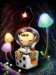 Rule 34 | 1boy, big nose, book, brown hair, cave, closed eyes, commentary, cortoony, diary, dice, english commentary, full body, gloves, helmet, holding, holding book, holding quill, light bulb, looking at object, looking down, mushroom, olimar, pikmin (series), pointy ears, quill, radio antenna, red gloves, sitting, space helmet, spacesuit, writing