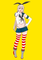 Rule 34 | 1girl, anchor hair ornament, bad id, bad twitter id, black neckerchief, black panties, blonde hair, blue sailor collar, blue skirt, brown eyes, crop top, elbow gloves, full body, gloves, hair ornament, hairband, hand on own hip, highleg, highleg panties, highres, kantai collection, long hair, looking at viewer, microskirt, miniskirt, neckerchief, ojipon, open mouth, panties, pleated skirt, pointing, sailor collar, shimakaze (kancolle), simple background, skirt, smile, solo, standing, striped clothes, striped thighhighs, thighhighs, underwear, white gloves, yellow background