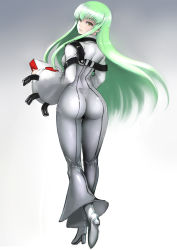Rule 34 | 1girl, ass, bodysuit, breasts, c.c., code geass, full body, gradient background, green hair, grey background, high heels, highres, johan (johan13), legs, long hair, looking at viewer, pants, parted lips, pizza box, pizza hut, skin tight, solo, thighs, tight clothes, tight pants, yellow eyes