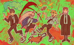 Rule 34 | 2boys, 2girls, black hair, blonde hair, bread, chainsaw man, cigarette, closed mouth, commentary, demon horns, denji (chainsaw man), english commentary, food, formal, frown, full body, green background, hand in pocket, hayakawa aki, highres, holding, holding cigarette, horns, jacket, long hair, long sleeves, looking at viewer, makima (chainsaw man), multiple boys, multiple girls, necktie, open mouth, orange eyes, parted lips, pochita (chainsaw man), power (chainsaw man), rass berres, red hair, red horns, scythe, short hair, smile, smoke, standing, suit, topknot, yellow eyes