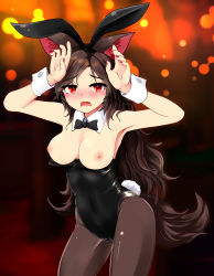 Rule 34 | 1girl, absurdres, alternate costume, animal ears, armpits, bare arms, black hairband, black pantyhose, blush, breasts, breasts out, brown hair, cleavage, contrapposto, cowboy shot, fake animal ears, hairband, hands up, highres, imaizumi kagerou, leotard, long hair, looking at viewer, medium breasts, nail polish, nama shirasu, nipples, pantyhose, playboy bunny, rabbit ears, rabbit tail, red eyes, red nails, solo, standing, tail, touhou, wolf ears, wolf tail, wrist cuffs