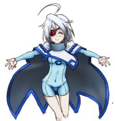 Rule 34 | 1girl, ahoge, arc system works, bare legs, blazblue, blush, braid, cape, eyepatch, closed eyes, long hair, nu-13, outstretched arms, silver hair, smile, solo, spread arms, unitard, wink