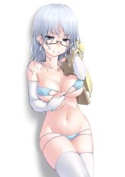 Rule 34 | 1girl, alternate costume, aqua bikini, bad id, bad pixiv id, bikini, bikini pull, blue bikini, blue eyes, blush, breasts, breasts apart, cleavage, closed mouth, clothes pull, cowboy shot, elbow gloves, eyepatch bikini, glasses, gloves, hair down, highres, kantai collection, kashima (kancolle), large breasts, legs together, long hair, looking at viewer, looking over eyewear, lowleg, lowleg bikini, multi-strapped bikini bottom, navel, parted bangs, pulled by self, silver hair, simple background, skindentation, smile, solo, standing, string bikini, swimsuit, thighhighs, towel, une, wet, wet hair, white background, white gloves, white thighhighs