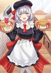 Rule 34 | 1girl, absurdres, beret, black hat, blush, bryantlee998, burger, chicken (food), drinking straw, food, french fries, fried chicken, genshin impact, green eyes, hat, highres, maid, noelle (genshin impact), noelle (kfc) (genshin impact), open mouth, short hair, silver hair, smile, solo, teeth, tray, upper teeth only