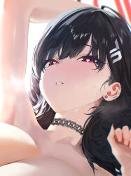 Rule 34 | 1girl, armpits, black hair, blue archive, blush, breasts, cleavage, fingernails, hair ornament, hairpin, highres, kazane-wind, large breasts, long hair, looking at viewer, open mouth, red eyes, rio (blue archive), simple background, solo, upper body, white background