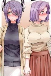 Rule 34 | 2girls, absurdres, alternate costume, blush, breasts, closed mouth, eyebrows hidden by hair, eyepatch, fingernails, headgear, highres, holding hands, jacket, kantai collection, large breasts, long sleeves, multiple girls, purple hair, red skirt, short hair, simple background, skirt, sweat, sweater, tadd (tatd), tatsuta (kancolle), tenryuu (kancolle), turtleneck, turtleneck sweater, yellow eyes